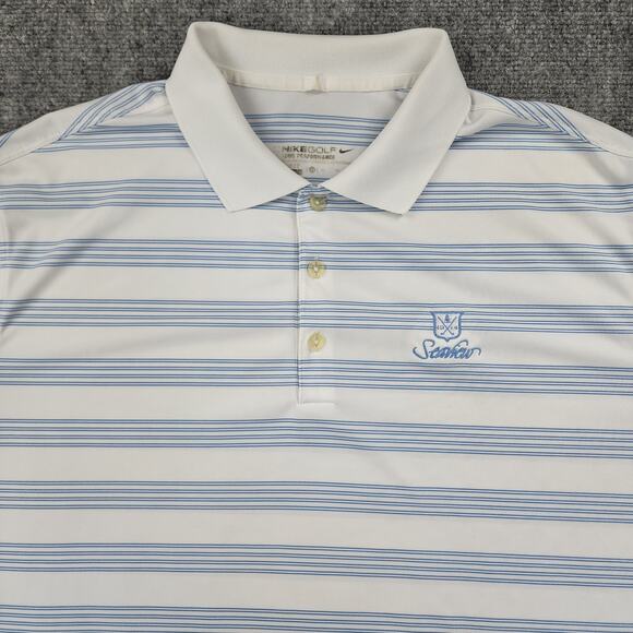 Nike Golf Shirt Mens XL White Blue Striped Active Tour Performance Polo Seaview - Picture 8 of 16